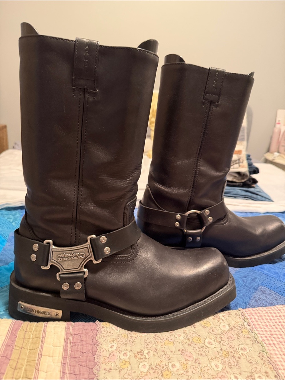 Harley-Davidson Black Leather Harness Engineer Boots with Metal Plaque